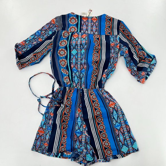 Mimi Chica Women XS Blue Romper Floral Button Up Front Waist Tie Roll Tab Sleeve - Picture 3 of 5